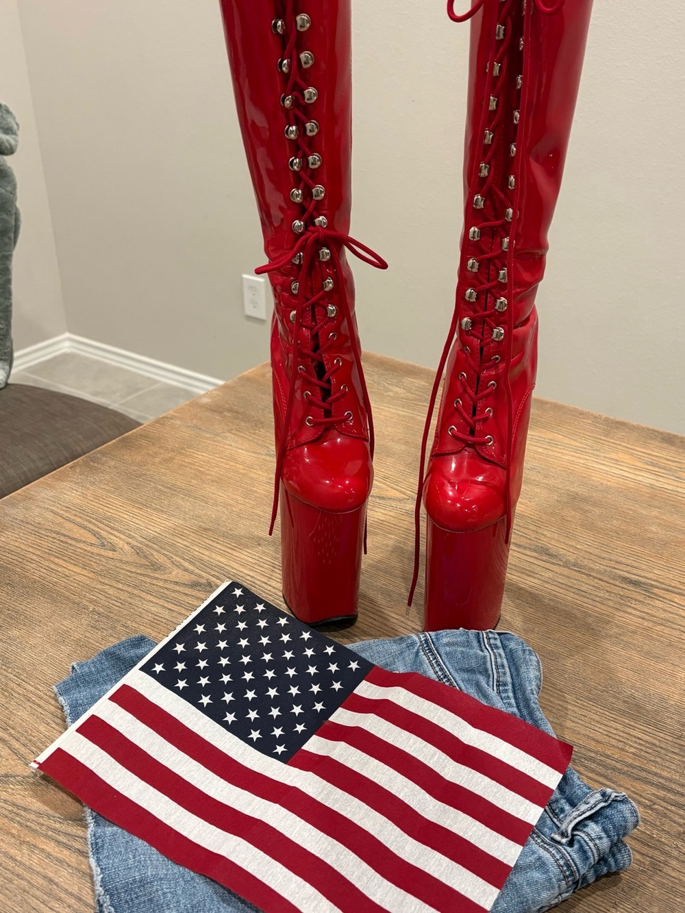 Pleaser Red Patent Knee High Platform Boots / Lace-Up 8” Heel 4” Platform